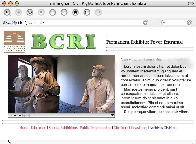 [Screenshot of demo site for the Birmingham Civil Rights Institute holding panoramic photograph of a permanant exhibit.]
